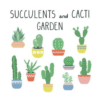 conjunto de ilustraciones de cactus y suculentas vectoriales. cactus en maceta. imágenes prediseñadas de plantas caseras. vector