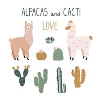 lindas alpacas de dibujos animados y elementos de diseño de cactus. imágenes prediseñadas vectoriales. vector