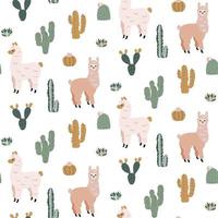 Seamless pattern with cute Alpacas and Cacti. Childish vector print. Good for fabric design.