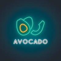Neon Avocado sign. Glowing avocado fruit emblem on dark background. vector