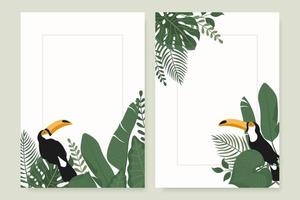 banners verticales modernos con hojas tropicales y pájaro tucán. vector