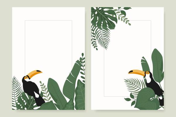 Modern vertical banners set with tropical leaves and Toucan bird.