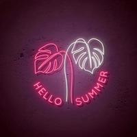 Neon signboard with monstera leaves and text Hello summer. vector