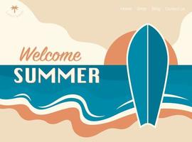 Welcome summer concept design banner. Surfing retro design. vector