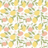 Fresh lemons, tangerines and leaves background. Hand drawn overlapping backdrop. vector