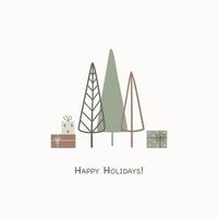 tarjeta de felicitación navideña con árboles de navidad abstractos dibujados a mano, regalos y texto felices fiestas vector