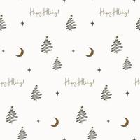 Seamless pattern with abstract hand drawn Christmas trees, moon, stars and text. vector