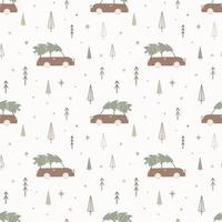Christmas seamless pattern with car and fir tree. vector