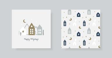 Set of hand Christmas greeting card and winter pattern in scandinavian style. vector