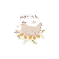 Happy Easter design. Hand drawn composition with chicken in nest and eggs. vector