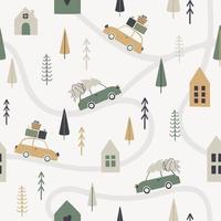 Wintes season seamless pattern in scandinavian style. Illustration of retro cars with gifts and a Christmas tree. vector