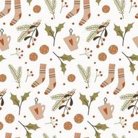 Retro seamless pattern with fir tree branches, socks, twigs, berries, cocoa cup and cookies. vector