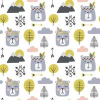 Seamless childish pattern with cute bears - indians in a wood. vector