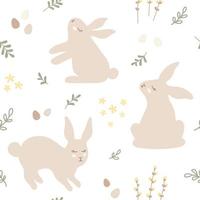 Vector repeating hand-drawn print. Easter pattern with bunnies, easter eggs