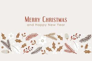 Merry Christmas and Happy New Year horizontal banner with decorative floral elements. vector