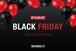 banner de venta de viernes negro con globos rojos y negros brillantes sobre fondo oscuro. vector