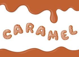 Banner with caramel texture and donuts font text. Vector backdrop.