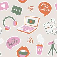 Seamless pattern with podcast elements. Vector background for blogging