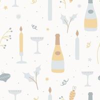 Seamless pattern with champagne bottles, glasses, fir tree branches and decorative elements. vector