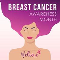 Breast cancer awareness month design with young woman and text. vector