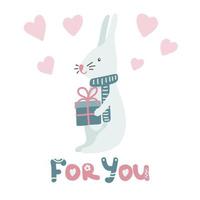 Illustration of cute cartoon bunny on white background with gift and lettering. vector