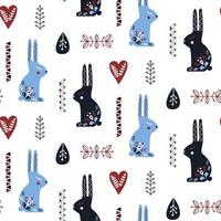 Folk art seamless pattern with rabbit and decorative elements. vector