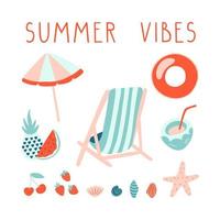 Minimal summer illustration set with lettering. Beach collection. Vector template.