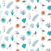 Summer seamless pattern with seagulls in vector. Cute cartoon seagulls and tropical leaves. Good for print. vector