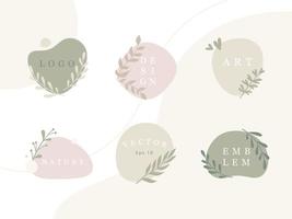 Set of minimal emblems with organic abstract shapes and leaves in pastel colors. vector
