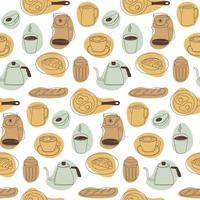 Breakfast seamless pattern with cappuccino, cups, coffee pot, milk, croissant, eggs, bread, avocado and abstract shapes. vector