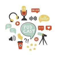 Podcast icons set. Podcasting symbols collection microphone, headphones, loudspeaker, speech bubbles, rating stars.