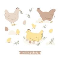 Vector hand-drawn Easter collection with chickens, chicks, easter eggs and leaves in scandinavian style.