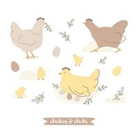 Vector hand-drawn Easter collection with chickens, chicks, easter eggs and leaves in scandinavian style.