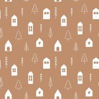 Winter seamless pattern with cute Christmas trees and houses. vector