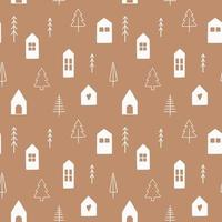 Winter seamless pattern with cute Christmas trees and houses. vector