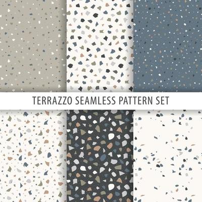 Collection of terrazzo backgrounds. Seamless pattern. Set of marble surfaces.