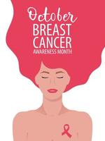 Breast cancer awareness month card with young woman. vector