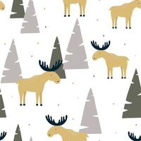 Hand drawn seamless pattern with funny elk in a wood. vector