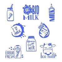 etiquetas de leche dibujadas a mano para su diseño. logotipo azul sobre fondo blanco con frases de caligrafía. vector