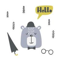 Childish poster with cute bear in a hat. vector