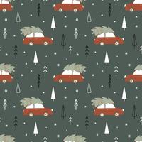 Christmas time seamless pattern with car and christmas tree in a forest. vector