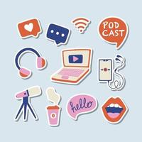 Podcast icons set. Podcasting stickers collection vector
