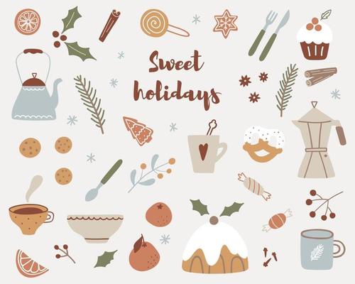 Hygge Christmas stickers set. Hand drawn winter season elements