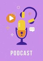 Trendy cover for a podcast blog. Studio microphone, stereo headphones and play button. vector