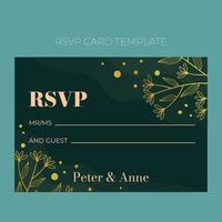 Floral wedding RSVP template in elegant golden style, invitation card design with gold flowers with leaves, dots. Decorative frame pattern and wreath. Vector  decoration on rich green background.