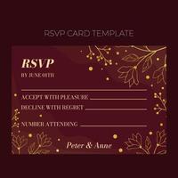 Floral wedding RSVP template in elegant golden style, invitation card design with gold flowers with leaves, dots and berries. Vector decorative frame  on rich red background.