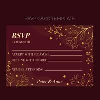 Floral wedding RSVP template in elegant golden style, invitation card design with gold flowers with leaves, dots and berries. Vector decorative frame  on rich red background.