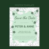 Floral wedding invite template in hand drawn doodle style, invitation card design with line flowers and leaves, dots. Vector decorative frame on white and green background.
