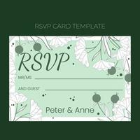 plantilla de rsvp de boda floral en estilo de garabato dibujado a mano, diseño de tarjeta de invitación con flores y hojas de línea, puntos. marco decorativo vectorial sobre fondo blanco y verde. vector