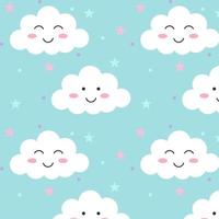 Seamless background with cute smiling clouds in the blue sky. Vector illustration for children.